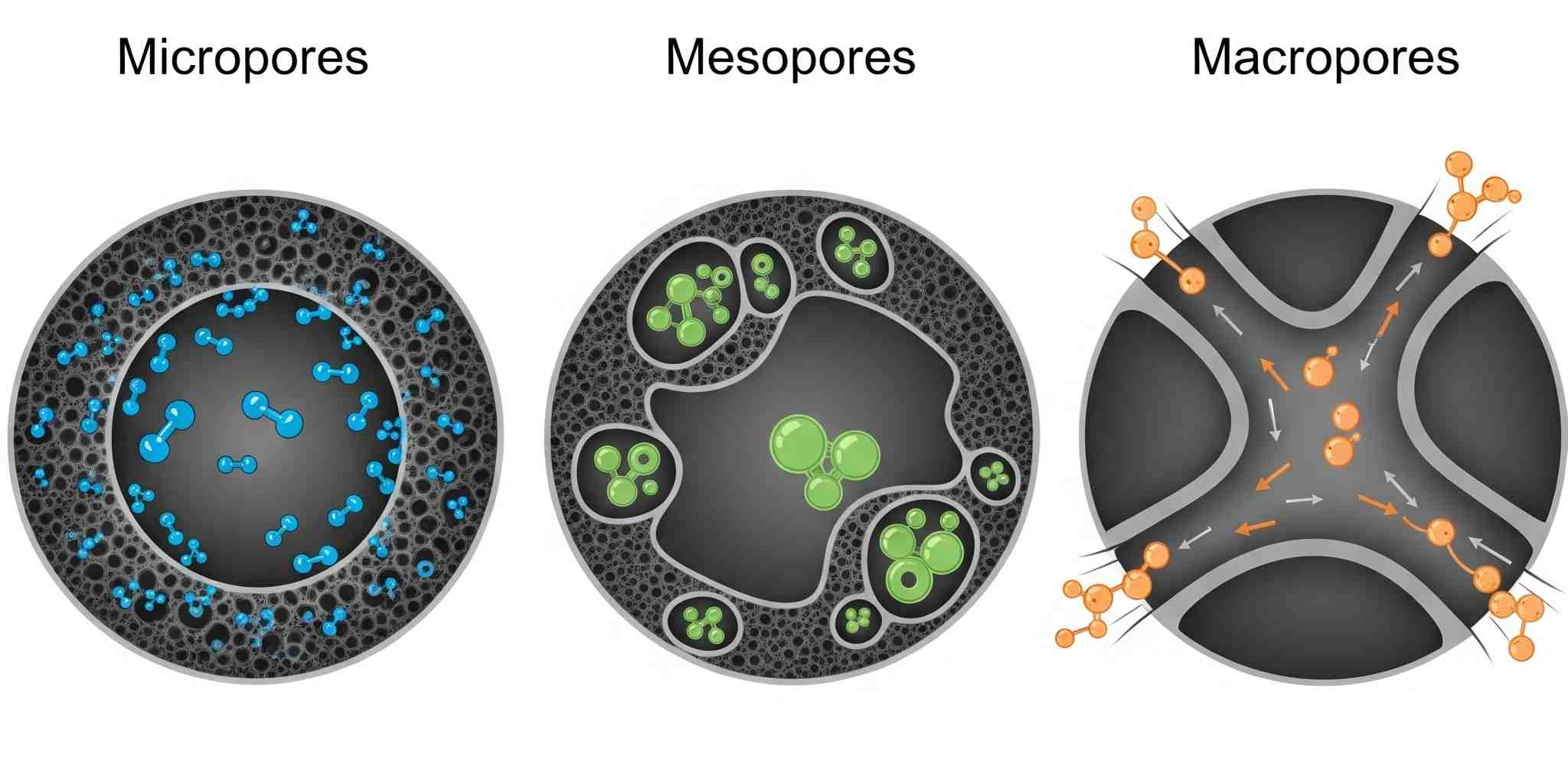 An infographic comparing the relative sizes of micropores, mesopores, and macropores in activated carbon and the different types of contaminant molecules they effectively adsorb.